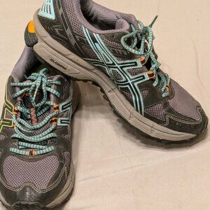 Women's Gel - Kahana Trail Running Sneaks Size 8.5 Purple Gray w Aqua laces EUC